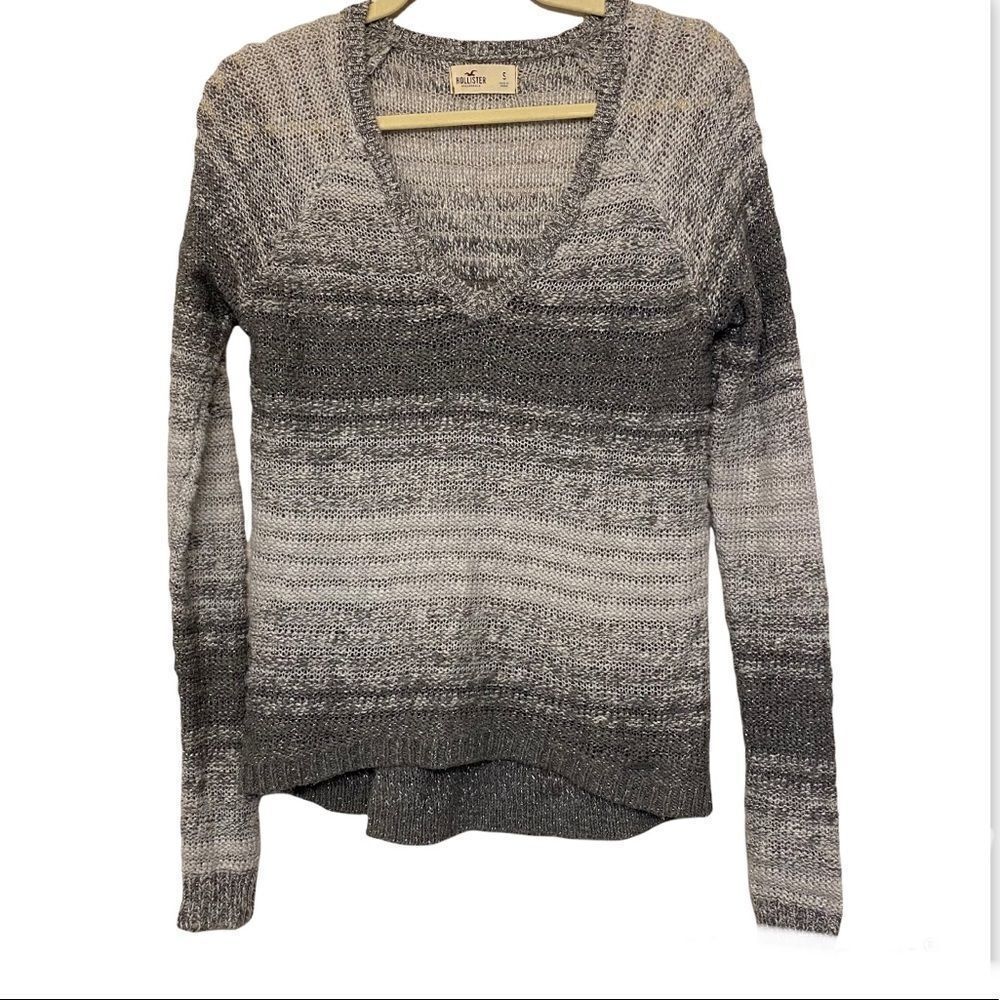 Hollister Gray Metallic Stripe V Neck Sweater lightweight open knit Y2K S